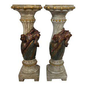 Pair of Vintage Monkey Candle Holders – Polystone Resin, Hand-Painted Pedestals,
